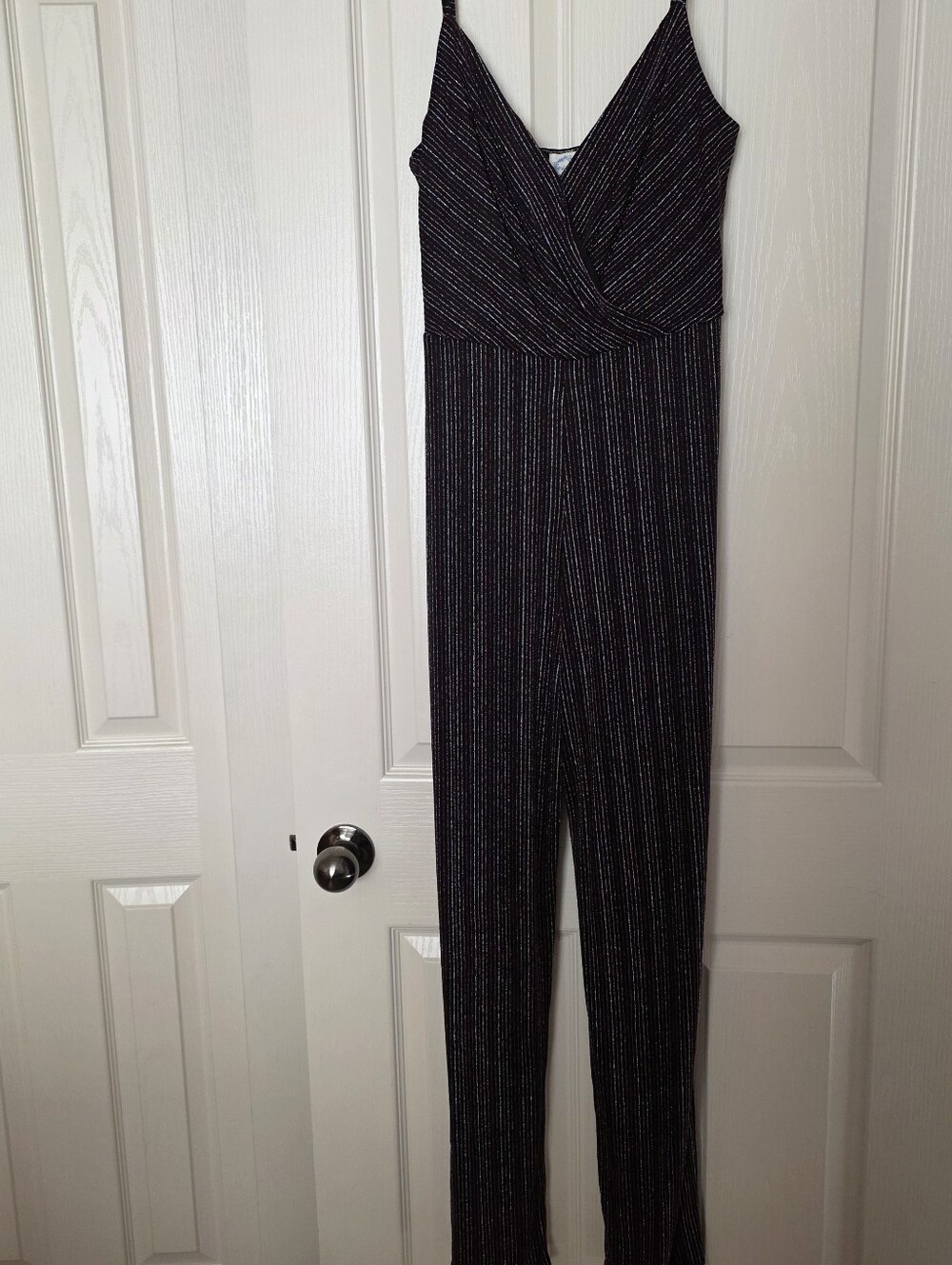Blue Rain Black Glitter-Striped V-Neck Jumpsuit Size M